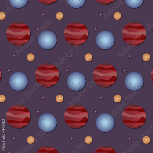 Pattern of red and blue planets on a dark background