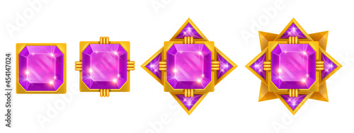 Game gem vector crystal set, diamond UI jewel stone kit, gold ranking award icons isolated on white. Rating achievement royal treasure, magic purple glass star badge. Winner level up game gem medal