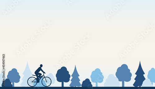 bicycle banner horizontal blue tree bike man woman cycle ride eco friendly movement monochrome background people actions text frame