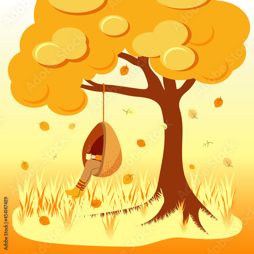 coffee cup girl autumn yellow tree fall cozy landscape tea hot drink rocking chair swing cosiness comfort