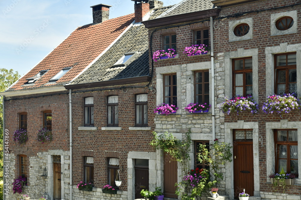 Géranium sur les appuies de fenêtres des maisons historiques du village de Limbourg à l'est de Verviers 