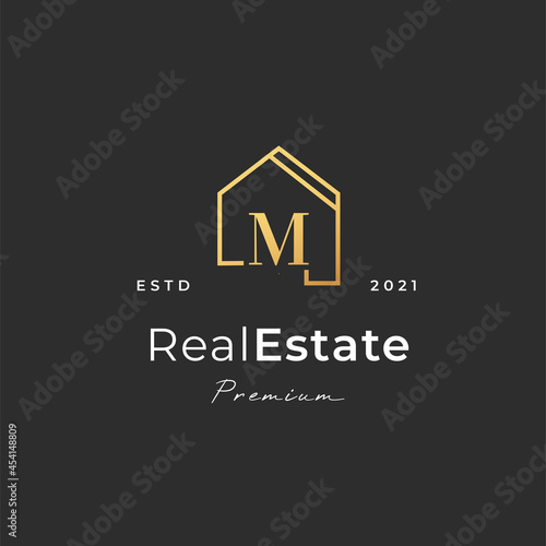 Letter m logo with real estate house icon luxury line style, Vector illustrations