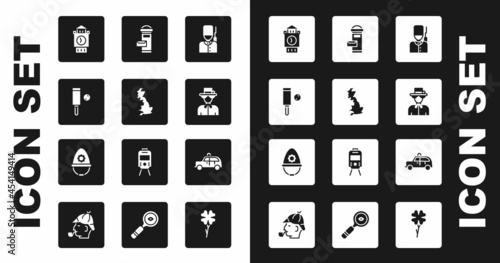 Set British soldier, England map, Wood cricket bat ball, Big Ben tower, Queen Elizabeth, London mail box, Taxi car and police helmet icon. Vector