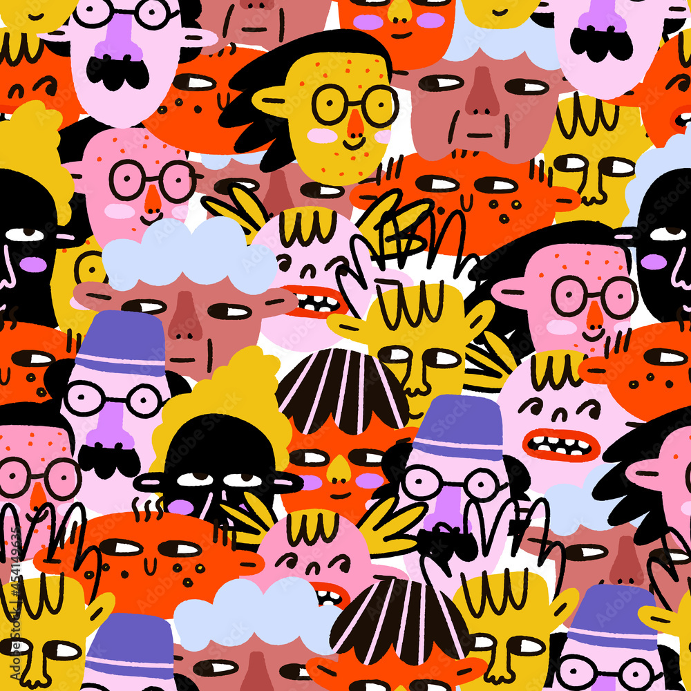vibrant seamless pattern - faces of mixed-race people.Diversity of people - young,old,children,non-binary,lgbt.80s psychedelic bizarre style.Template for printing paper and fabric
