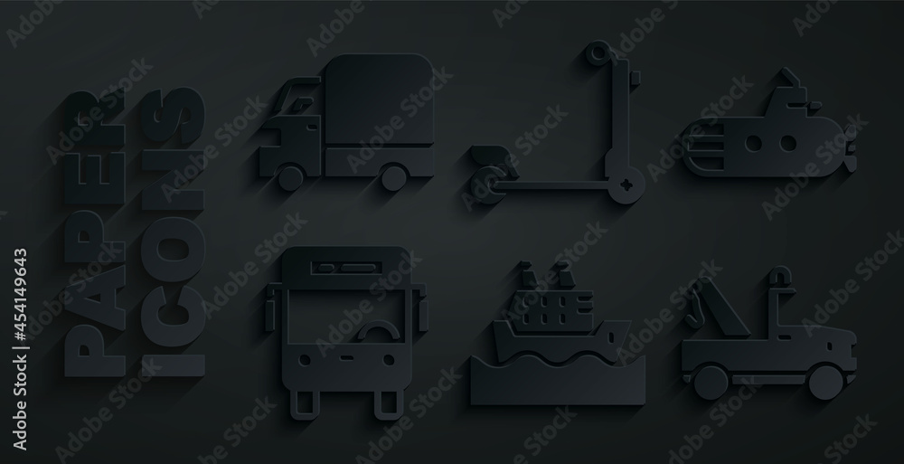Set Cruise ship, Submarine, Bus, Tow truck, Scooter and Delivery cargo icon. Vector Set Cruise ship, Submarine, Bus, Tow truck, Scooter and Delivery cargo icon. Vector