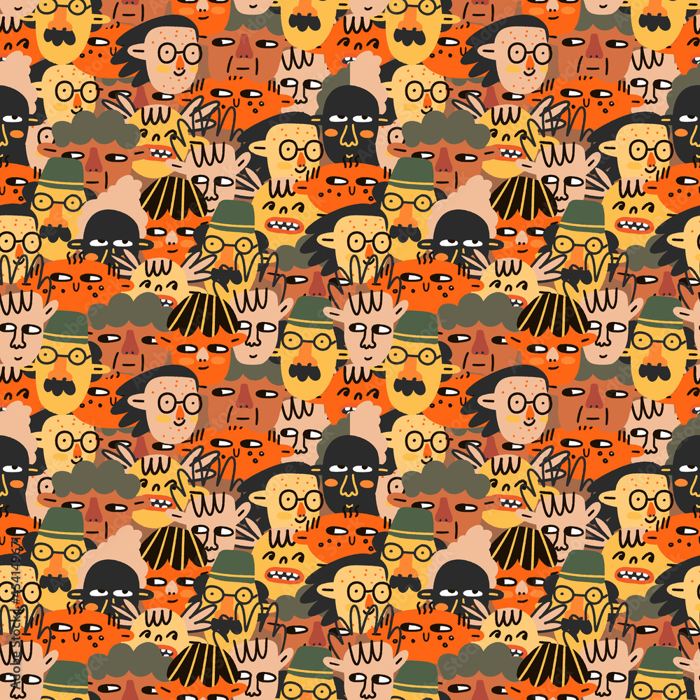 autumn seamless pattern - 
apathetic faces of mixed-race people.Diversity of people - young,old,children,non-binary,lgbt.80s psychedelic bizarre style.Template for printing paper and fabric