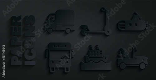 Set Cruise ship, Submarine, Bus, Tow truck, Scooter and Delivery cargo icon. Vector