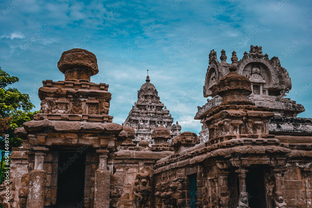 Beautiful Pallava architecture and exclusive sculptures at The Kanchipuram Kailasanathar temple, Oldest Hindu temple in Kanchipuram, Tamil Nadu - One of the best archeological sites in South India