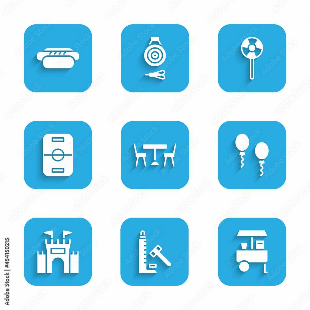 Set Picnic table with chairs, Striker attraction hammer, Fast street food cart, Balloons, Castle, Hockey, Lollipop and Hotdog icon. Vector Set Picnic table with chairs, Striker attraction hammer, Fast street food cart, Balloons, Castle, Hockey, Lollipop and Hotdog icon. Vector