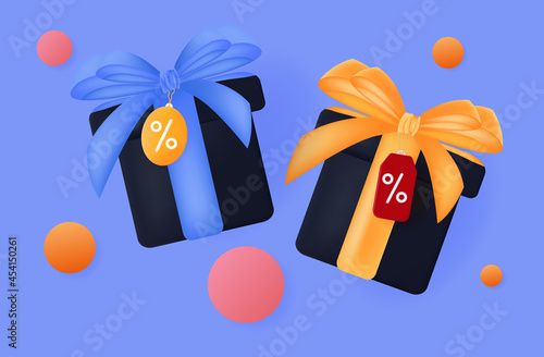 Loyalty program 3d. Gift set. Advertising promotion and profitable discount. Loyal sale with a coupon price tag, cashback refund. Purchase, payment with a percentage of the bonus. Vector illustration