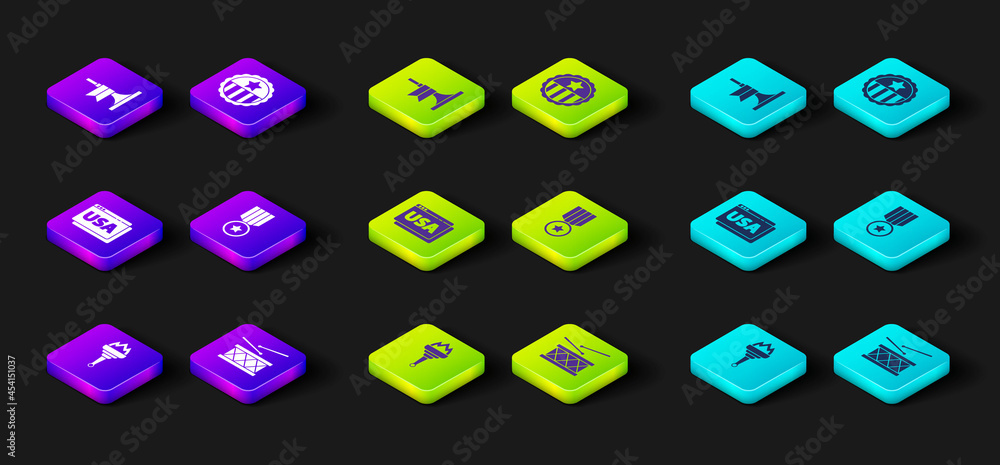 Set Torch flame, Drum and drum sticks, USA on browser, Medal with star, and Trumpet icon. Vector Set Torch flame, Drum and drum sticks, USA on browser, Medal with star, and Trumpet icon. Vector
