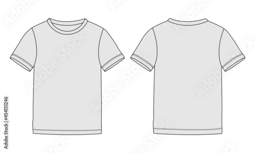 Basic t shirt overall fashion flat sketch vector template front and back views isolated on white background.