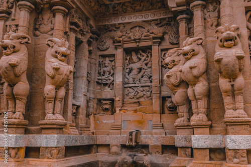 Beautiful Pallava architecture and exclusive sculptures at The Kanchipuram Kailasanathar temple, Oldest Hindu temple in Kanchipuram, Tamil Nadu - One of the best archeological sites in South India photo