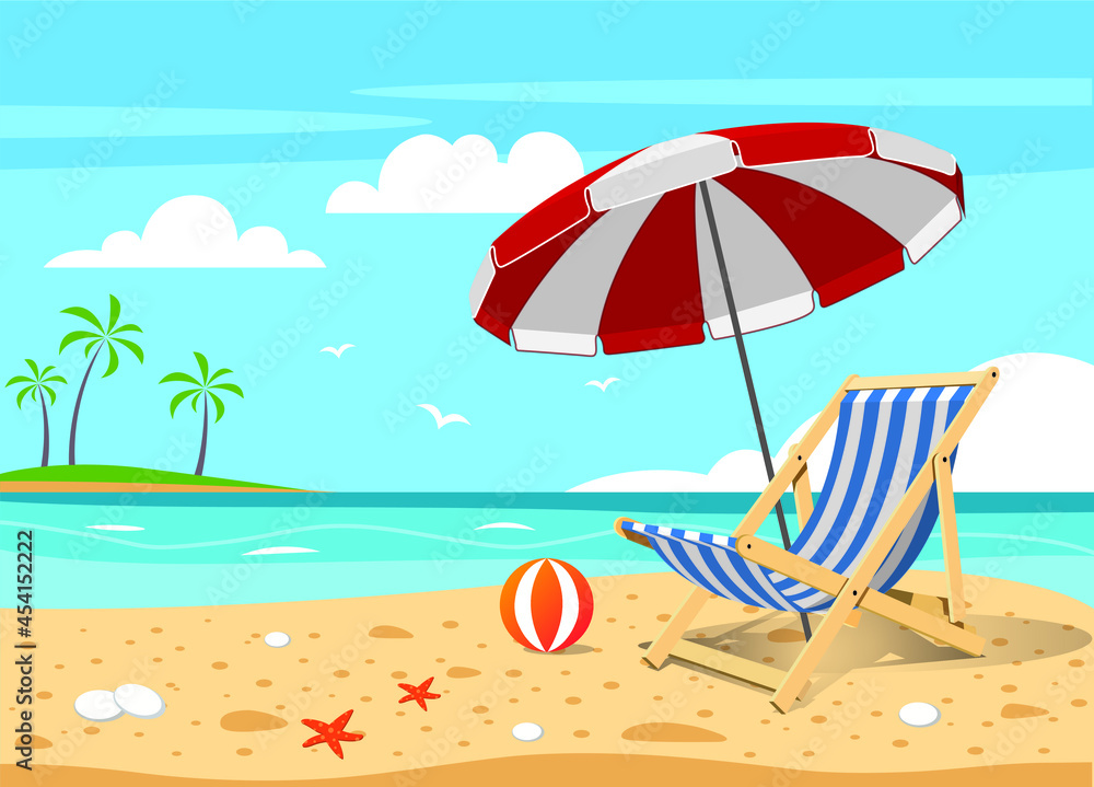 Vector cartoon style background of sea shore. Good sunny day. Deck chair and beach umbrella on the sand coast.