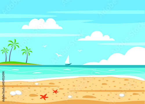 Vector cartoon style background of sea shore. Good sunny day.