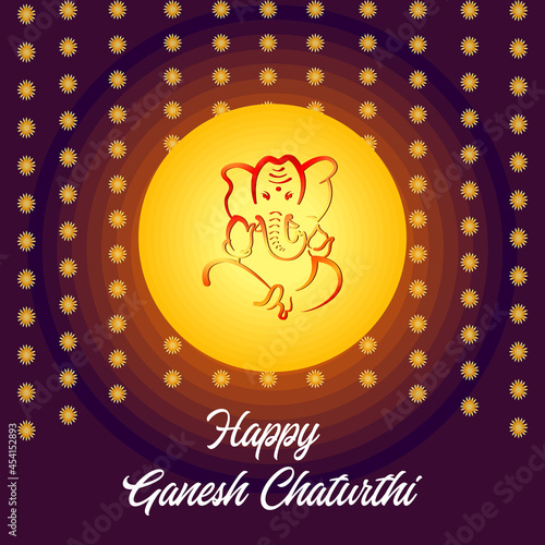 Poster of Happy Ganesh Chaturthi. Outline of God Ganesh. Colorful background decorated with flowers and circles