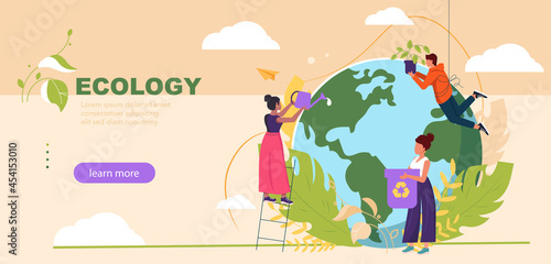 People take care about planet ecology landing page. Cleaning, green planting and watering. Protect Nature and Ecology banner. Earth Day, save energy, nature care concept. Vector colorful illustration