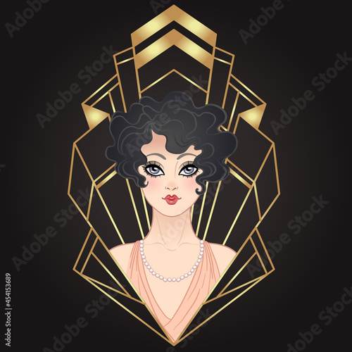 Art Deco vintage illustration of flapper girl. Retro party character in 1920s style. Vector design for glamour event or jazz party.