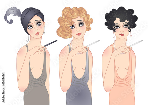Flapper girl set. Retro women of twenties. Vector illustration. Art Deco vintage invitation template design. Retro party in 1920s style.