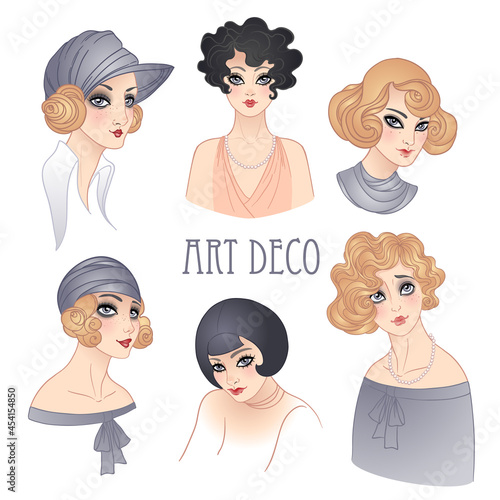 Flapper girl set. Retro women of twenties. Vector illustration. Art Deco vintage invitation template design. Retro party in 1920s style.