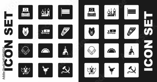 Set National Russia flag, Tanker truck, Bear head, Mausoleum of Lenin, Kankles, Saint Basil's Cathedral, The Tsar bell and Russian bagels icon. Vector