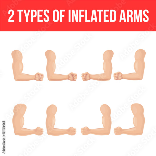Bent arm muscle in cartoon style. Hand gesture set from two sides