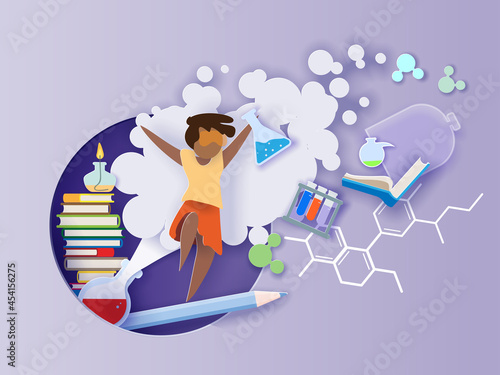 Back to school. Paper cut cartoon Little girl jump happy with retort
