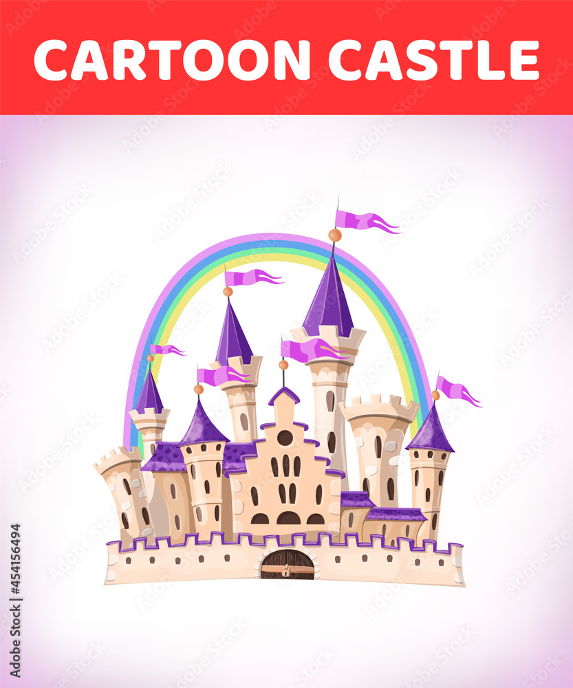 FairyTale cartoon castle. Cute cartoon castle. Fantasy fairy tale palace with rainbow. Vector illustration