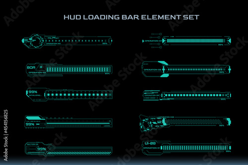 HUD Futuristic Loading Bars UI Processing Status Set. Digital Scifi Technology Number Percentage Progress Display Vector
