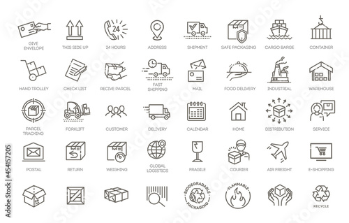 Collections of icons representing shipping, logistics, customer service, refunds and more