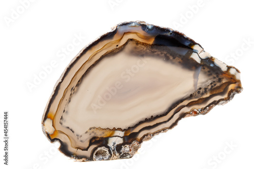 Macro mineral stone Yellow, brown Agate breed a white background