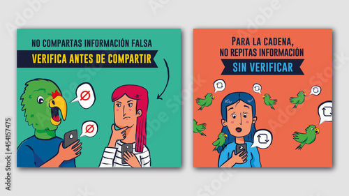 Ilustración vectorial personas con celular. Hombre con cabeza de loro. No compartir información falsa. Aviso colorido para redes sociales. Mujer con celular.