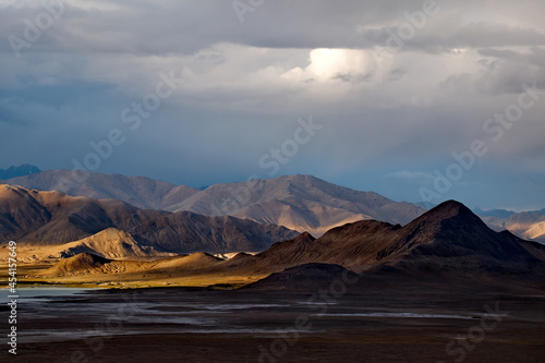 Tajikistan. Dramatic evening sky over the Pamir highway in the area of the high-altitude lake Bulunkul.
