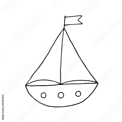 Sailboat. Ship on the waves. Children's vector illustration on the marine theme. Doodle. Hand-drawn illustration. Silhouette. Black and white outline. Coloring.