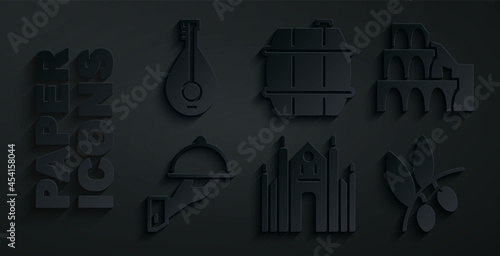 Set Milan Cathedral, Coliseum in Rome, Covered with tray of food, Olives branch, Barrel for wine and Mandolin icon. Vector