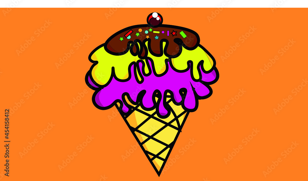 Melting ice cream of different flavor in the waffle cone isolated on orange background. Comic character in cartoon style logo for T shirts.Ice Cream logo.