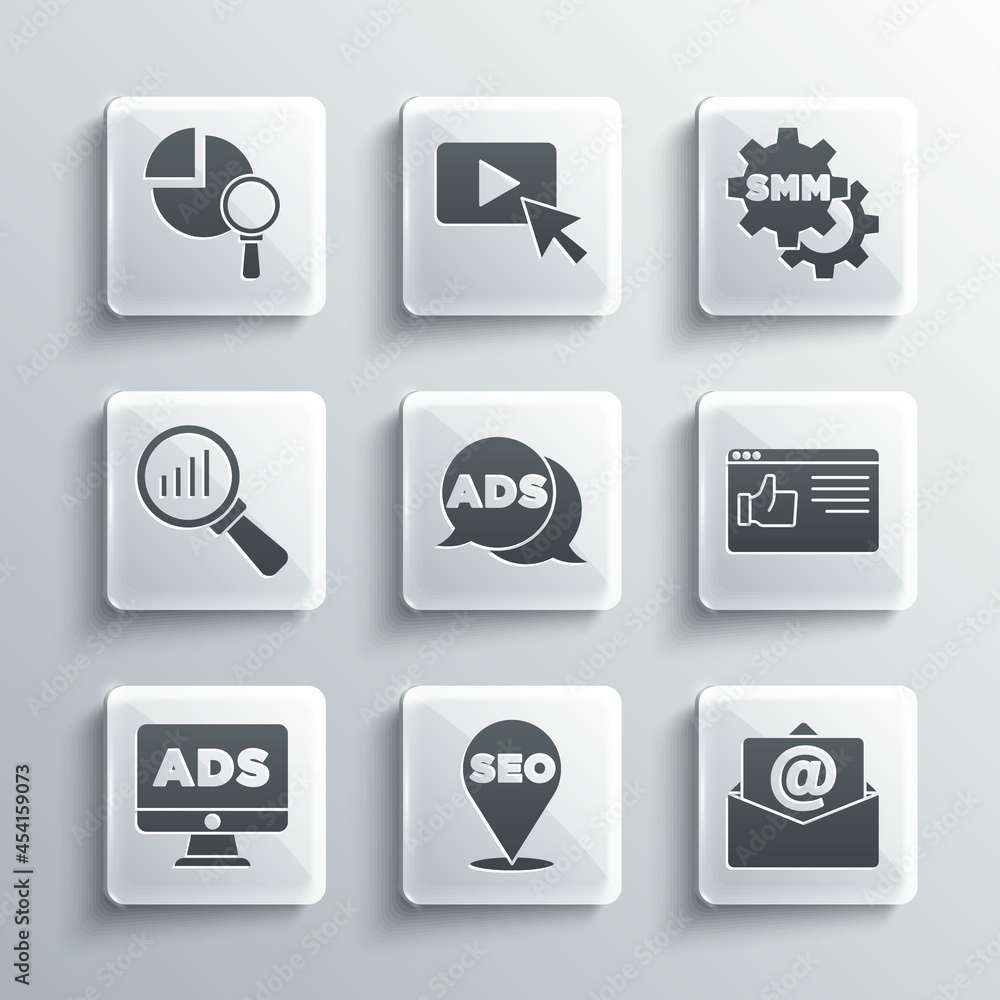 Set SEO optimization, Mail and e-mail, Browser window, Advertising, Magnifying glass analysis, and Social media marketing icon. Vector Set SEO optimization, Mail and e-mail, Browser window, Advertising, Magnifying glass analysis, and Social media marketing icon. Vector