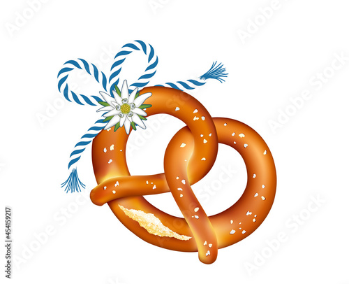 Brezel mit Edelweiss und Cordschleife,
 Vektor Illustration isoliert auf weißem Hintergrund
