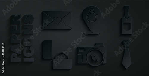 Set Photo camera, Champagne bottle, Diamond engagement ring, Tie, Wedding rings and Envelope with Valentine heart icon. Vector