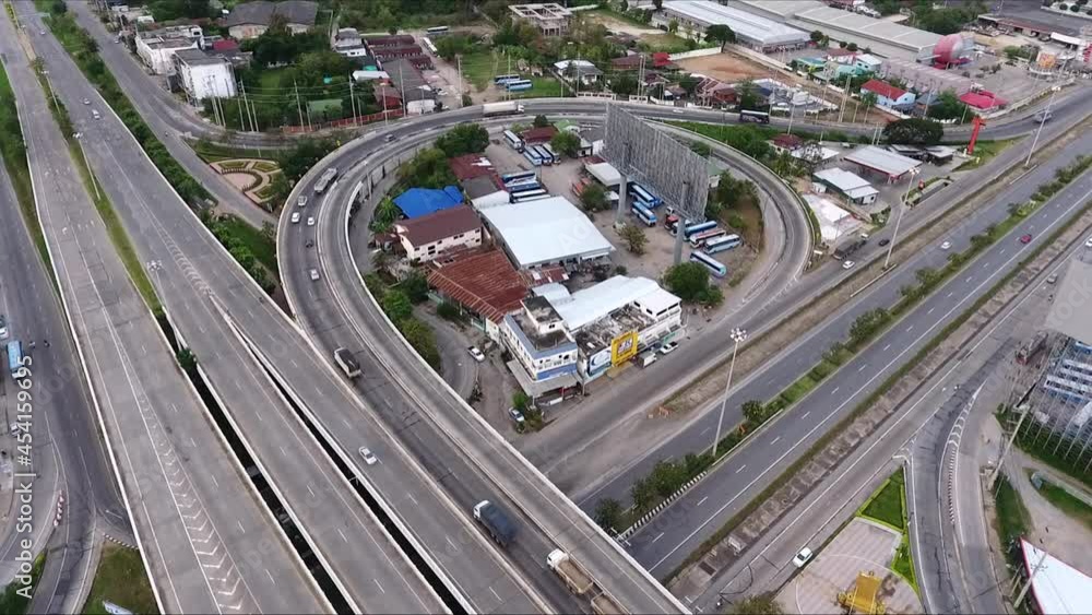 Aerial view, top down view of car traffic transportation on highway road. Public transport, commuter lifestyle, Asian city life. Aerial view, top down view of car traffic transportation on highway road. Public transport, commuter lifestyle, Asian city life.