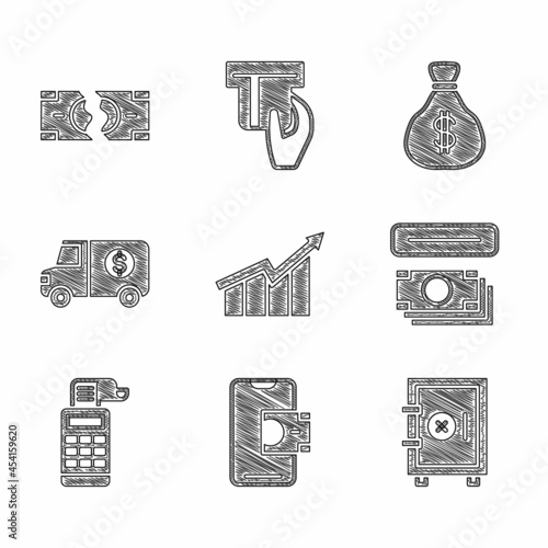 Set Financial growth increase, Mobile banking, Safe, ATM and money, Cash register machine, Armored truck, Money bag and Tearing banknote icon. Vector