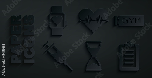 Set Old hourglass, Location gym, Doping syringe, Sport training program, Heart rate and Smart watch icon. Vector