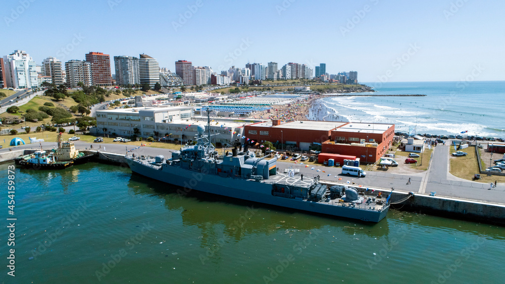 Warship in port with city background. Buenos Aires - Argentima.