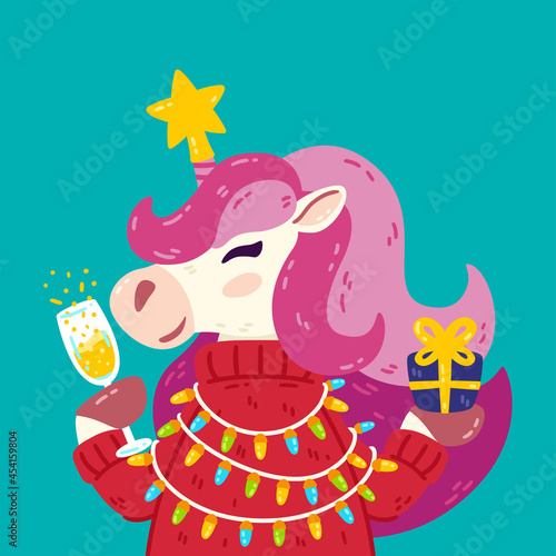 Merry Christmas and Happy new year unicorn with star  glass of champagne  sweater and present. Cute horse with horn and pink mane. Vector illustration for greeting card and other designs.