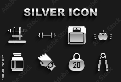 Set Smart watch on hand, Apple, Sport expander, Kettlebell, Sports nutrition, Bathroom scales, Bench with barbel and Barbell icon. Vector