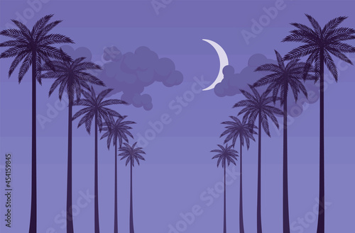 Palm tree row night silhouette, sea shore beach stunning scenery. Beachside tropical gorgeous view, romantic weekend relaxing resort, amazing vacation and dreamy summer background. Vector illustration