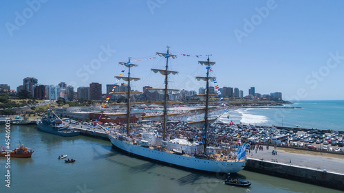 Aerial plan of freedom frigate arriving in port. Buenos Aires - Argentima. © claudio