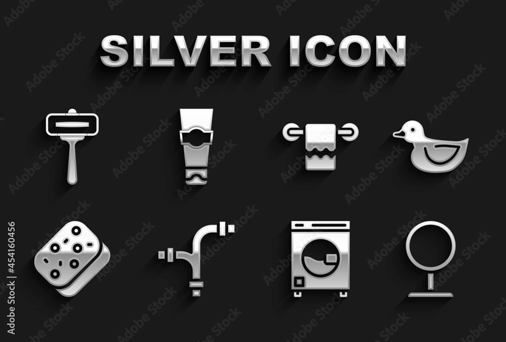 Set Industry metallic pipe, Rubber duck, Round makeup mirror, Washer, Sponge, Towel hanger, Shaving razor and Tube of toothpaste icon. Vector Set Industry metallic pipe, Rubber duck, Round makeup mirror, Washer, Sponge, Towel hanger, Shaving razor and Tube of toothpaste icon. Vector