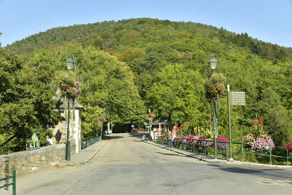 Fototapeta premium Pont principal enjambant la Cascade de Coo dans un paysage bucolique et valloné à Coo en Haute Belgique
