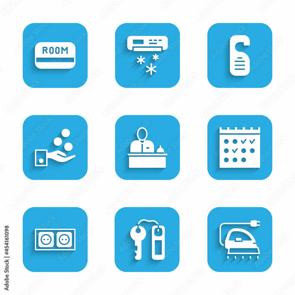 Set Hotel reception desk, door lock key, Electric iron, booking calendar, Electrical outlet, Paying tips, Please not disturb and card icon. Vector Set Hotel reception desk, door lock key, Electric iron, booking calendar, Electrical outlet, Paying tips, Please not disturb and card icon. Vector